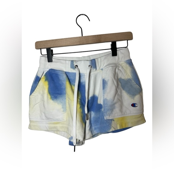 Champion Women’s Tie-Dye Fleece Shorts Small White Blue Yellow Drawstring - Picture 3 of 9